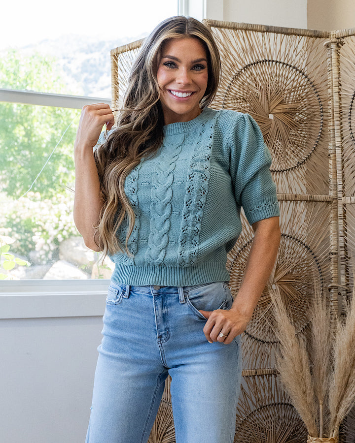 Ashlynn Chunky Cable Knit Short Sleeve Sweater - Color Options Available! Staccato Jade