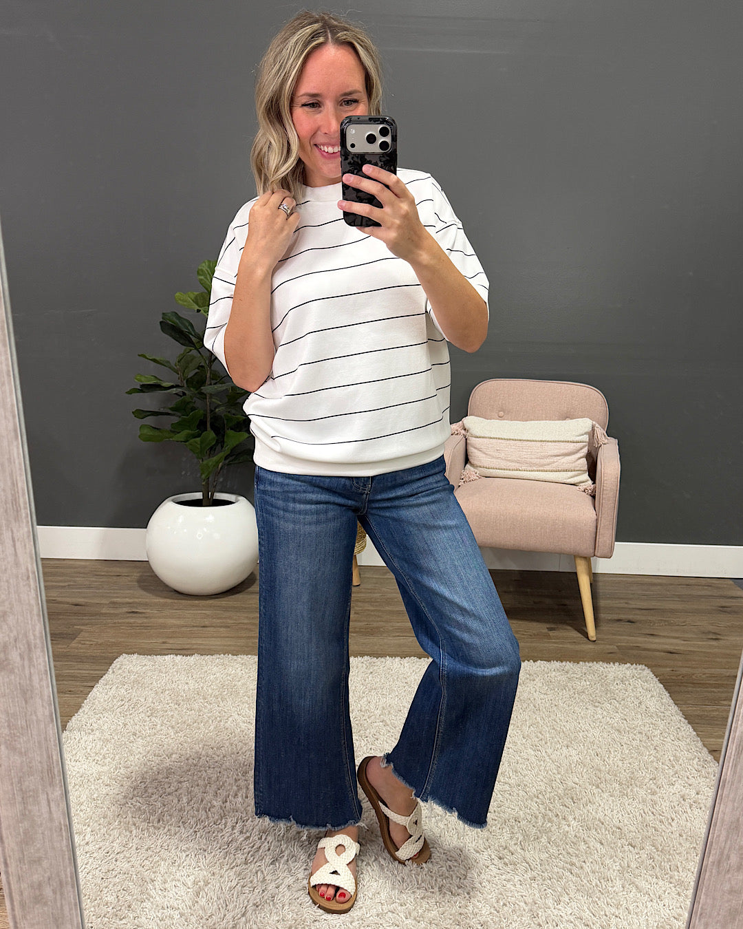 NEW! Macey Scuba Fabric Striped Top - Cream & Black