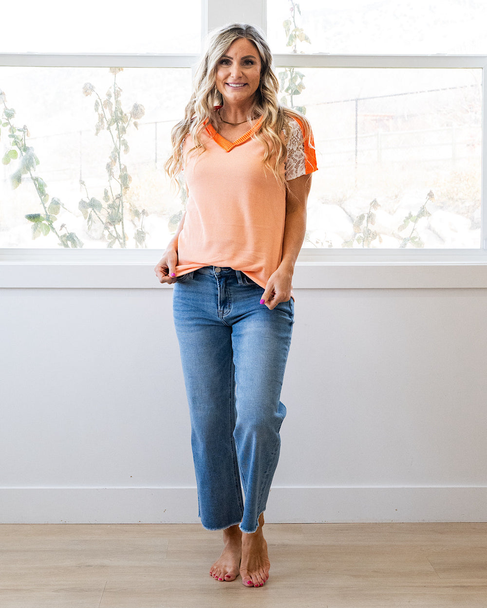 NEW! Angelica V Neck Waffle & Lace Top - Coral Lovely Melody