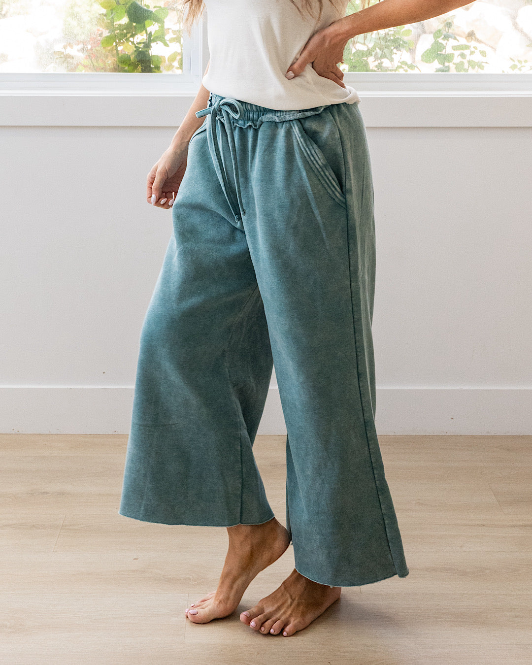 NEW! Cropped Wide Leg Comfy Pants - Teal Zenana