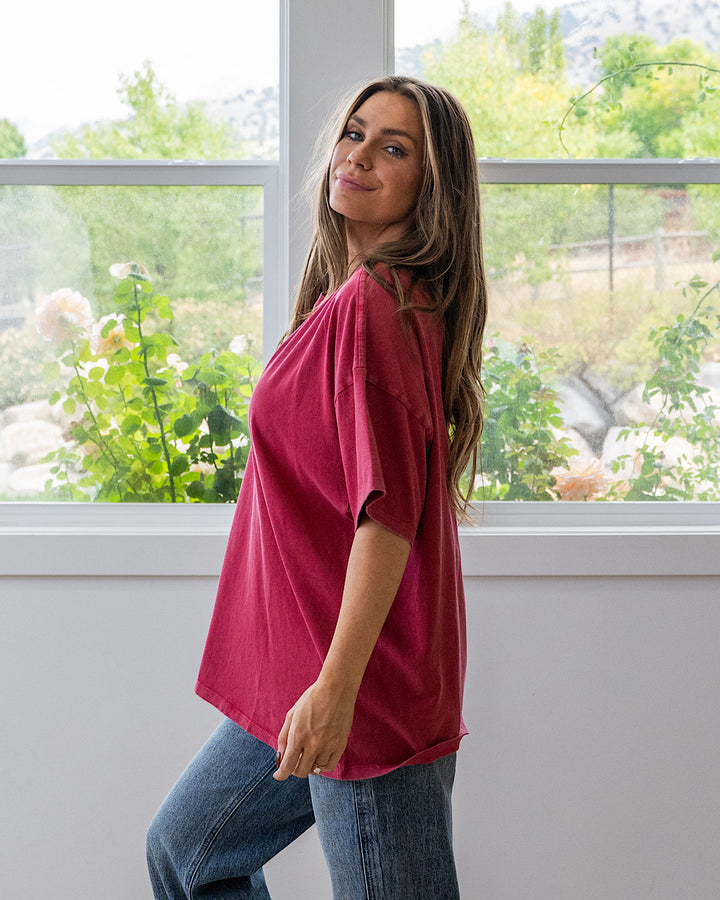 NEW! Oversized Mineral Wash Tee - Dark Red Double Zero