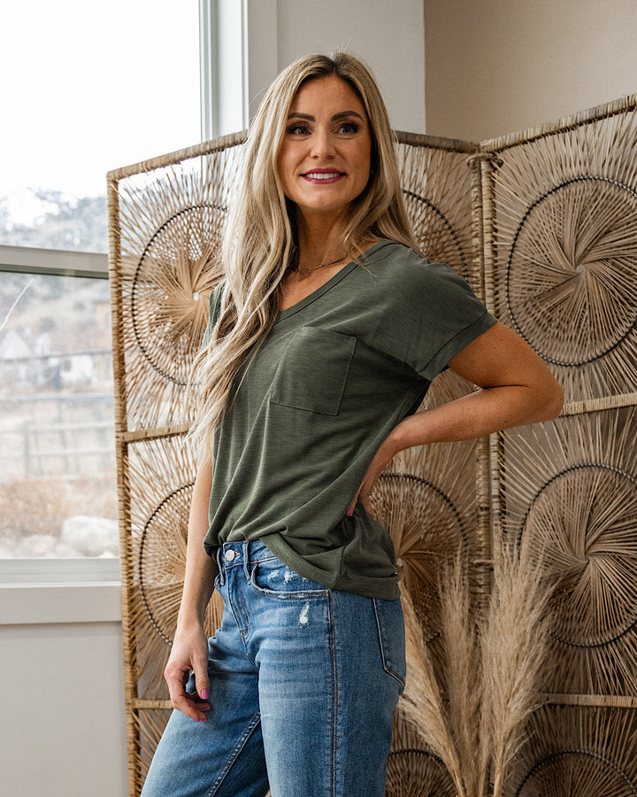 NEW! The Effortless V Neck Pocket Top - Olive Staccato