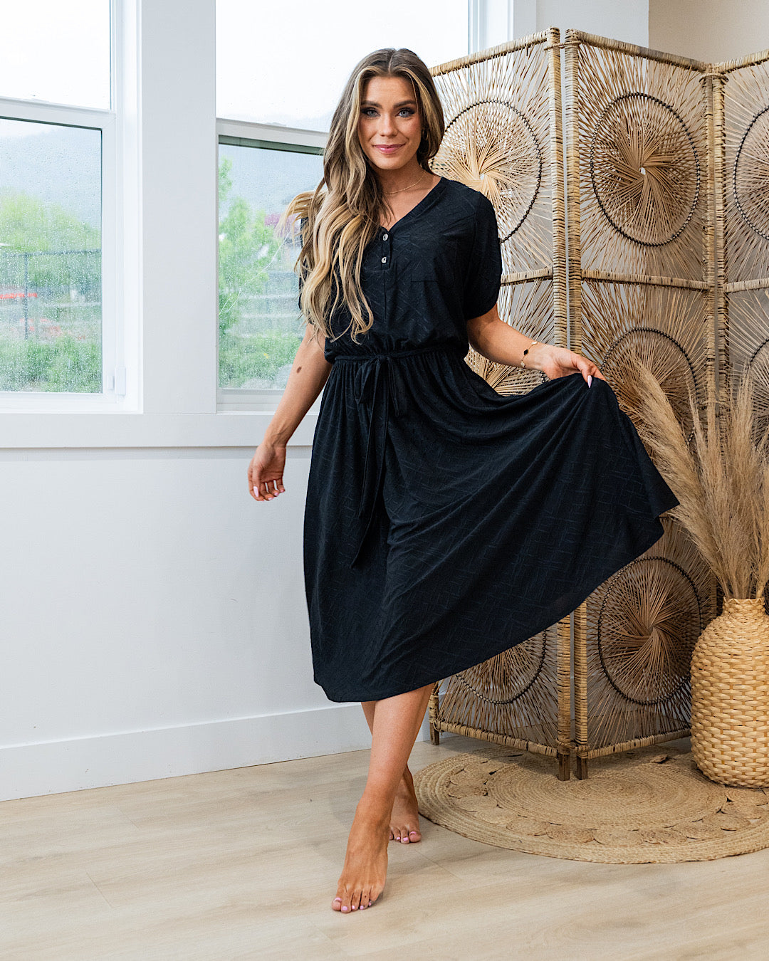 black midi dress tie waist Spanx: AirEssentials Collared Tie Waist Midi Dress