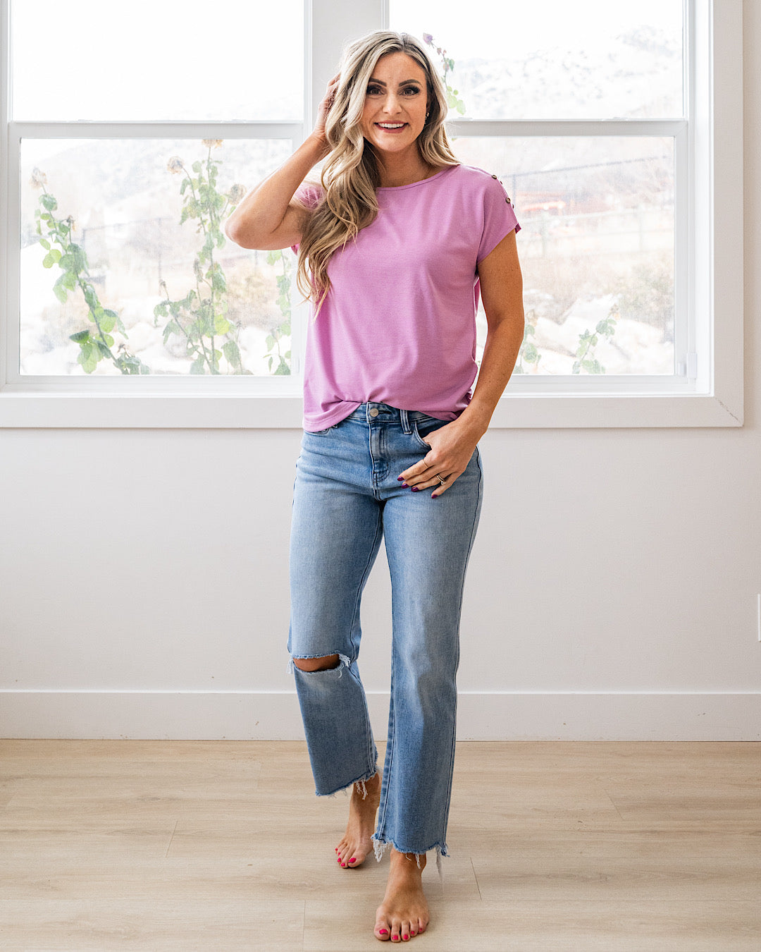 NEW! Can You See Me Caged Sleeve Detail Top - Lilac Staccato