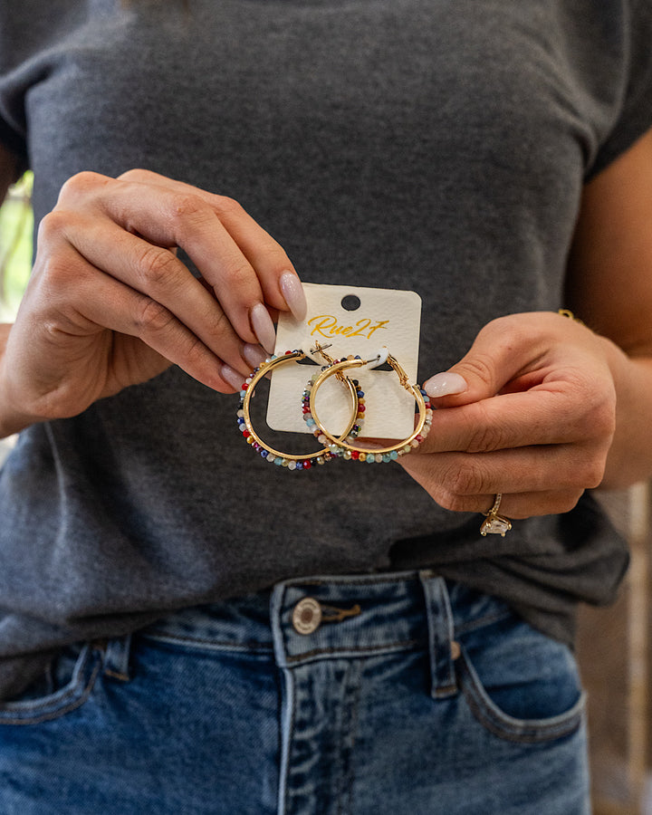 Faceted Multi Color Glass Beaded Gold Hoops Trendy Wholesale