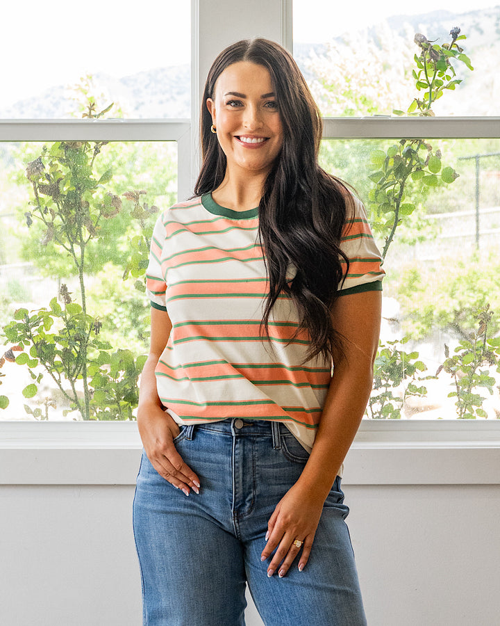 NEW! Shauna Contrast Striped Top - Coral & Olive