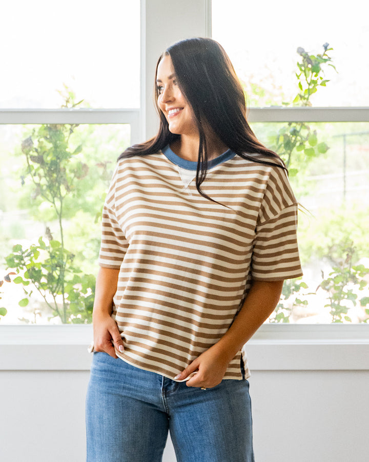 NEW! Hazel Contrast Striped Top - Tan & Blue Mine