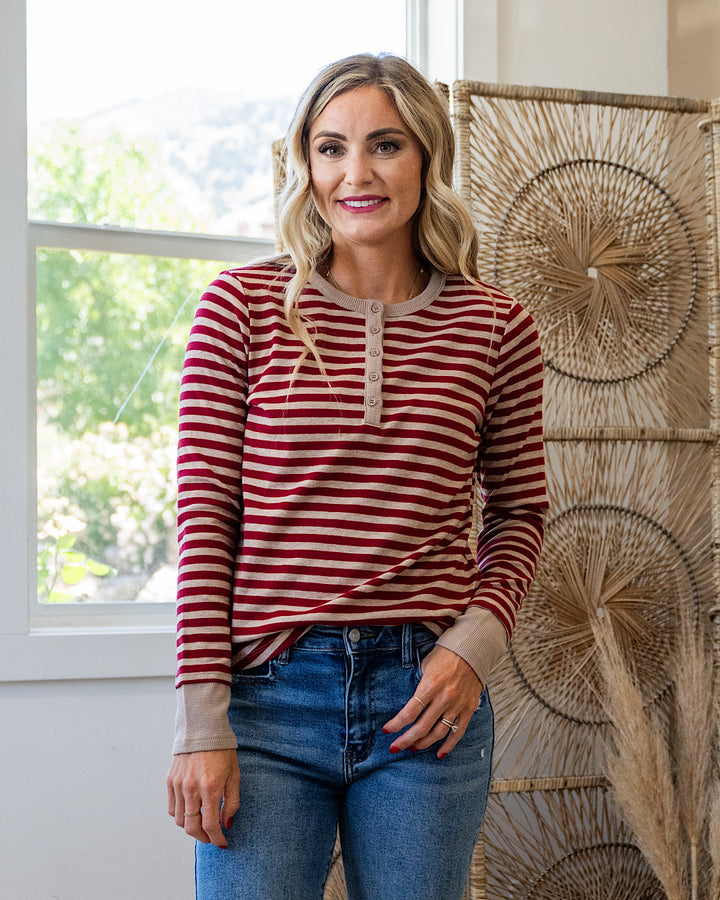 Claudia Striped Henley Top - Color Options Available! Staccato Burgundy