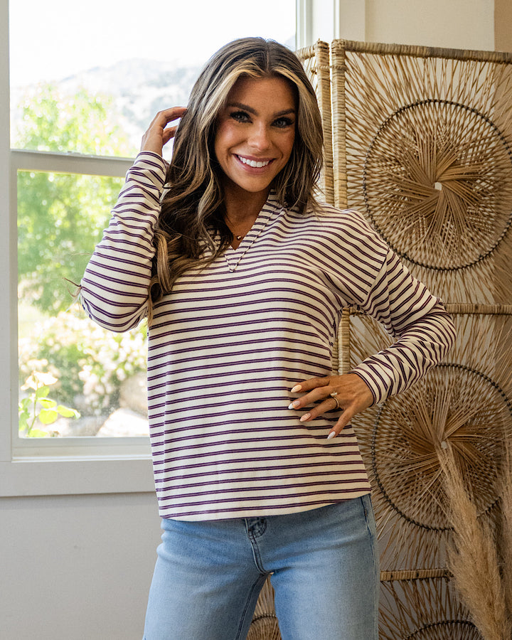 NEW! Laurel Striped V Neck Cozy Pullover - Plum Staccato