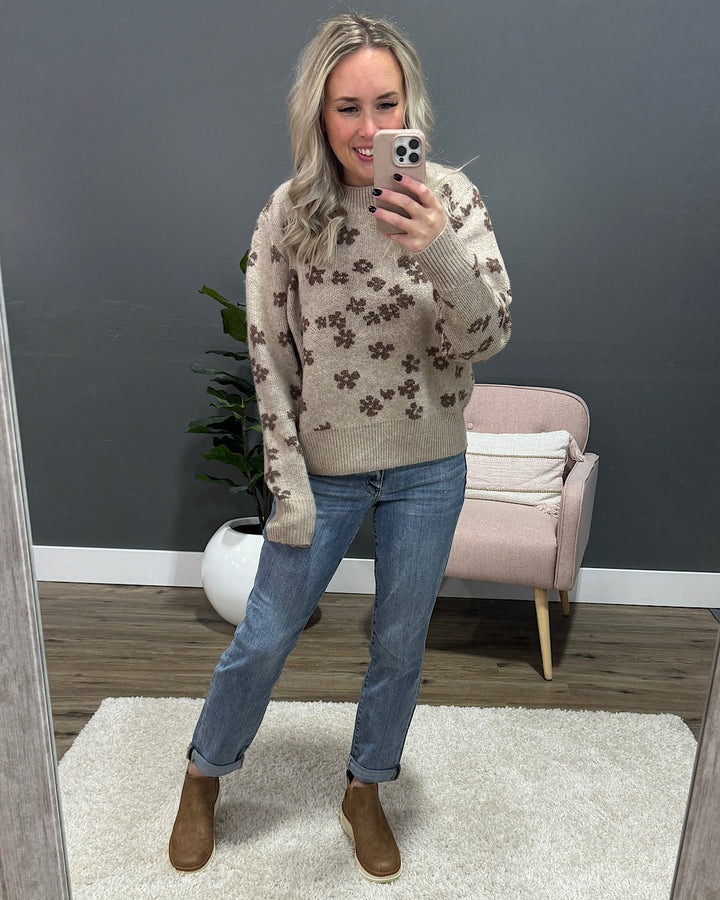 Tonya Cozy Flower Sweater - Mocha Be Cool