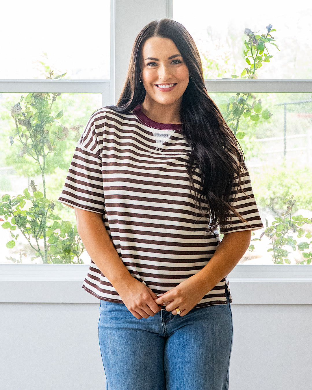 NEW! Hazel Contrast Striped Top - Dark Brown & Burgundy
