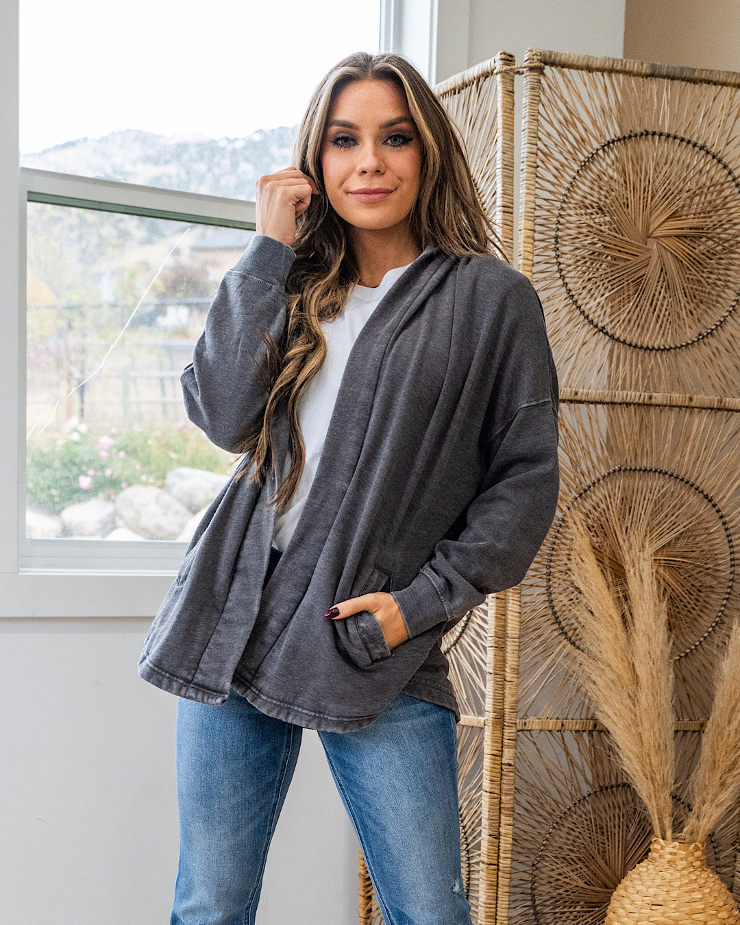 NEW! Mono B Fleece Hooded Cardigan - Charcoal Mono B