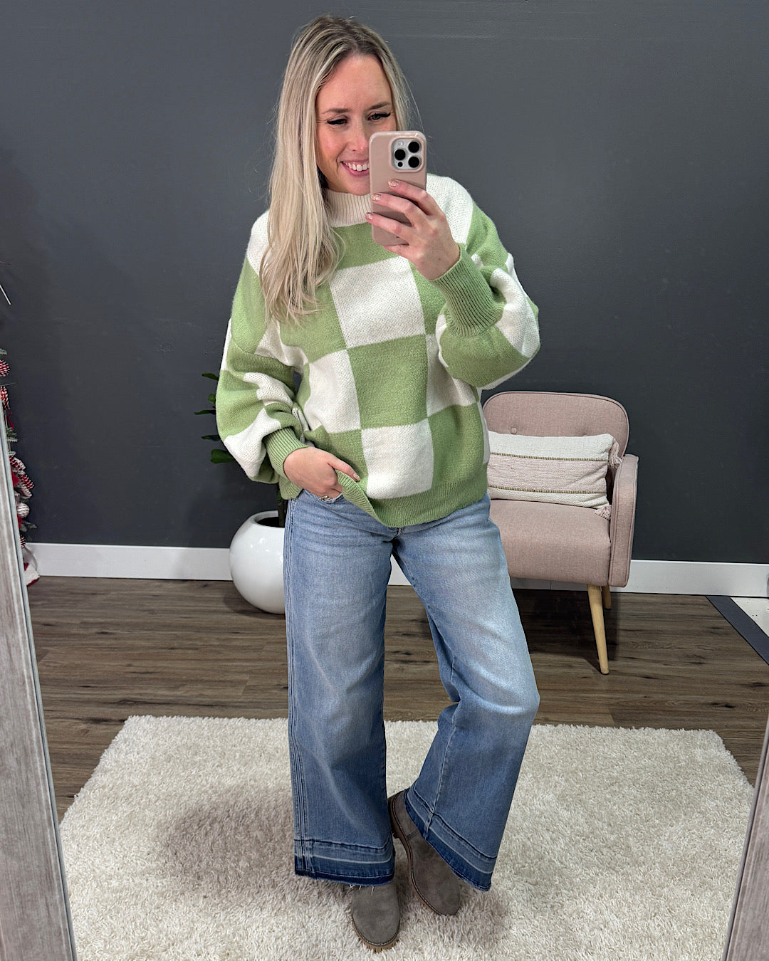 NEW! Make Me Checkered Sweater - Sage & Ivory Lovely Melody