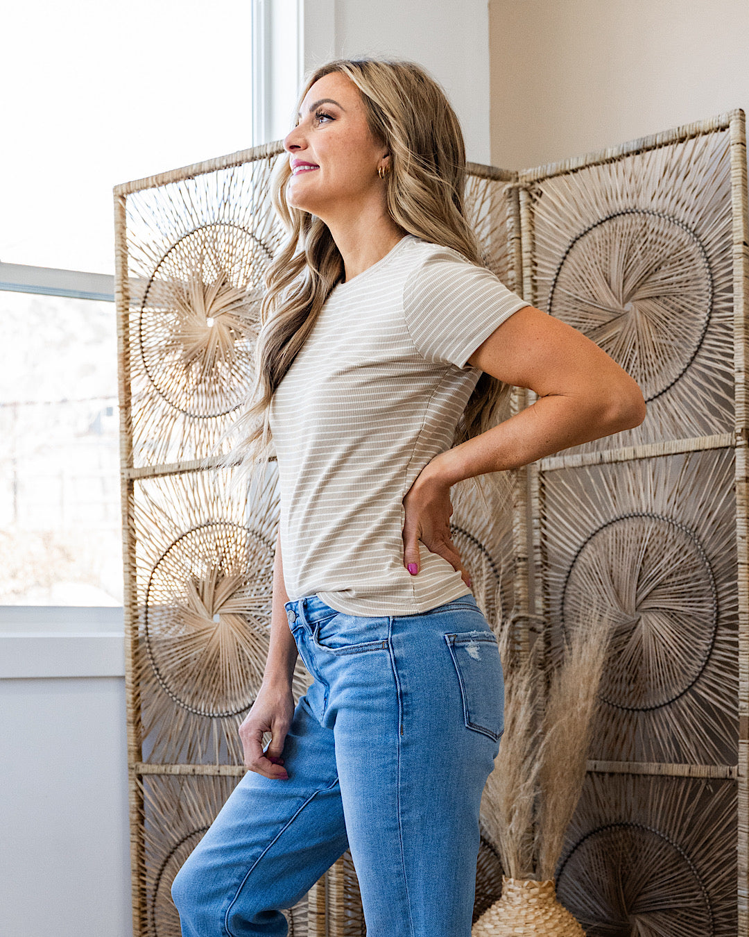 Shauna Striped Short Sleeve Top - Taupe & Cream Thread & Supply