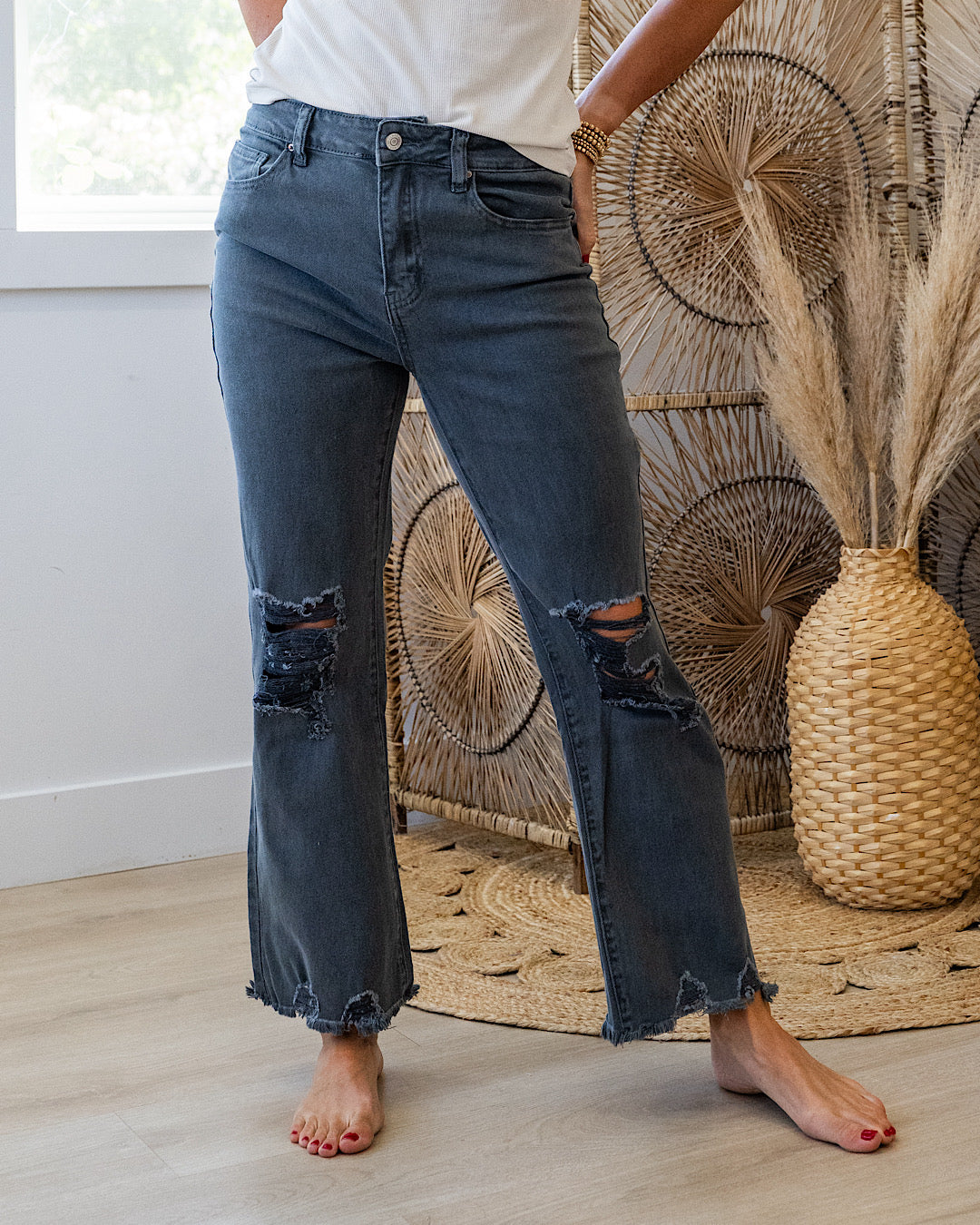 NEW! Gia Wide Leg Distressed Cropped Jeans - Ash Black Zenana