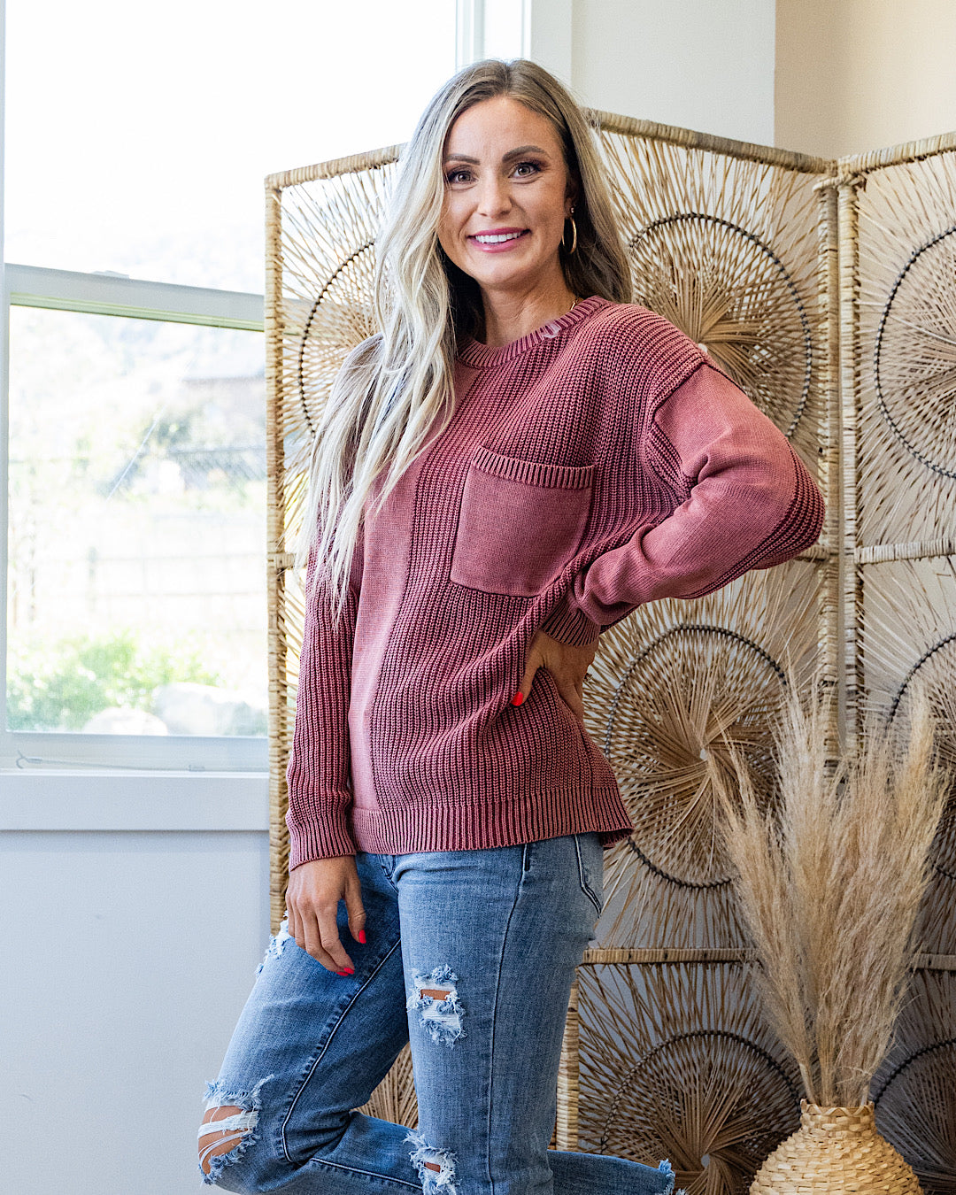 NEW! Tara Washed Pattern Block Sweater - Wine  Staccato   