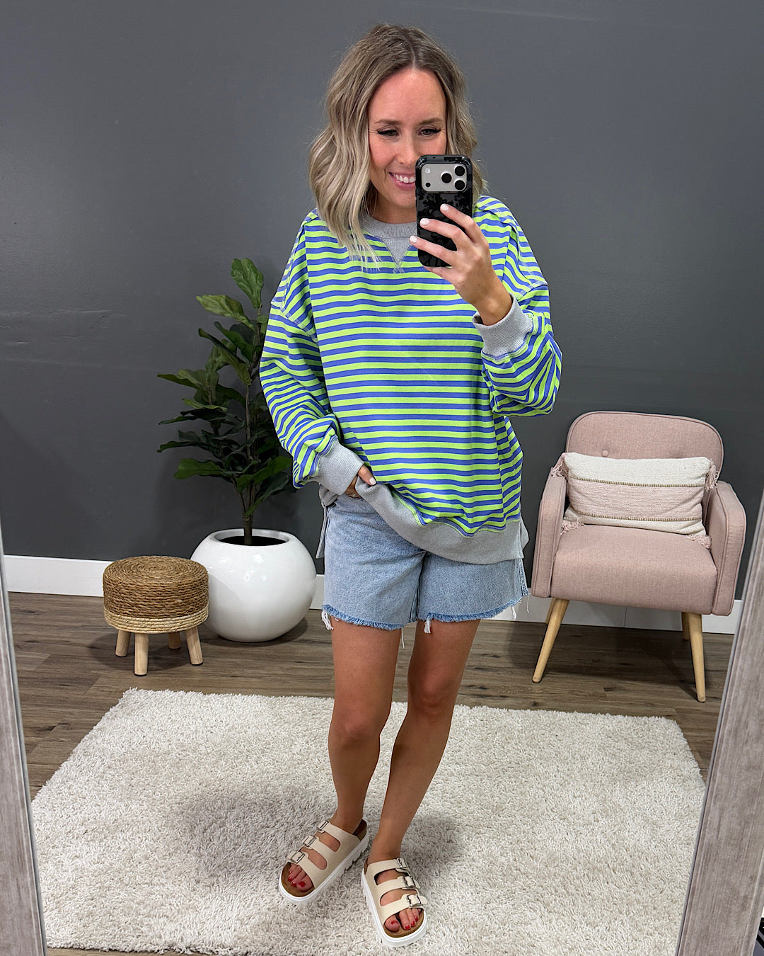 NEW! Collins Striped Side Slit Sweatshirt - Green