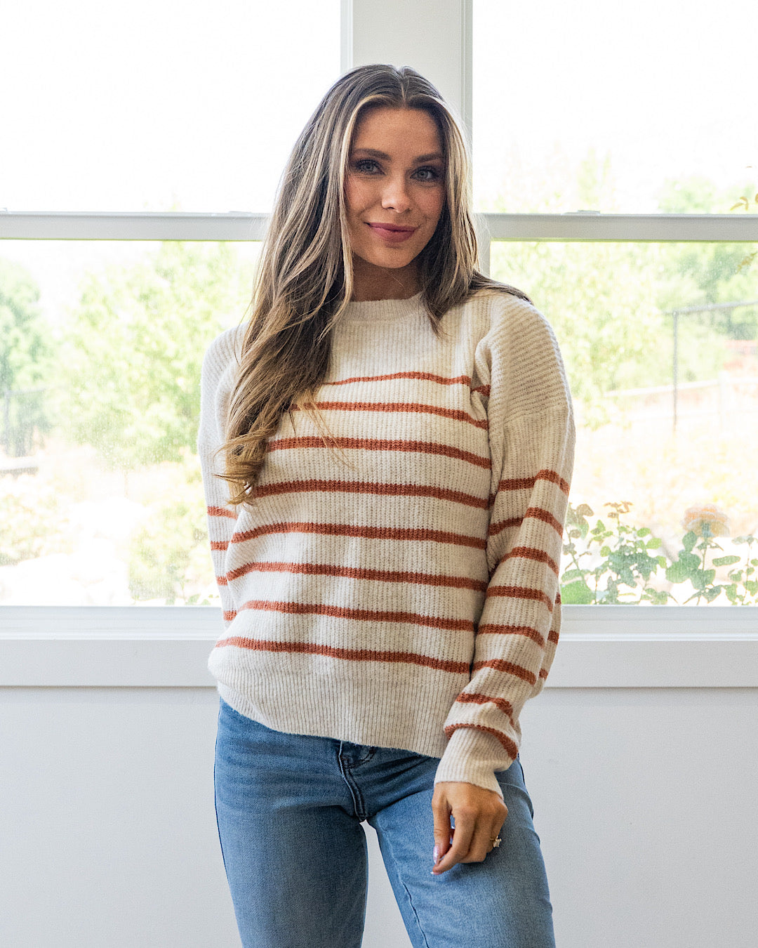 NEW! Desi Ribbed Striped Sweater - Oatmeal & Rust Staccato