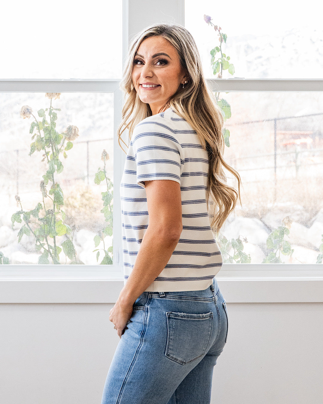 Courtney Striped Short Sleeve Cardigan - Denim Blue Be Cool