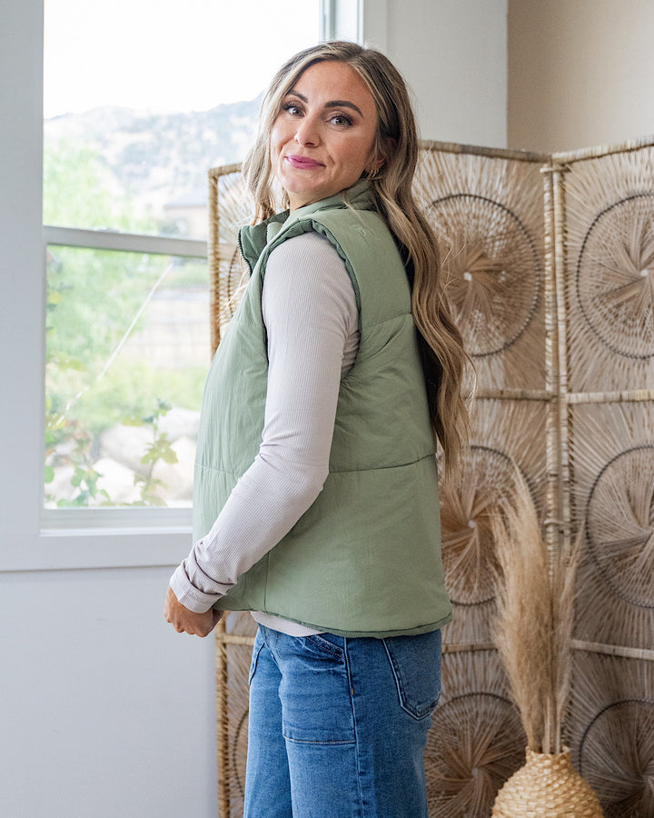 NEW! Corduroy Reversible Puffer Vest - Sage Staccato
