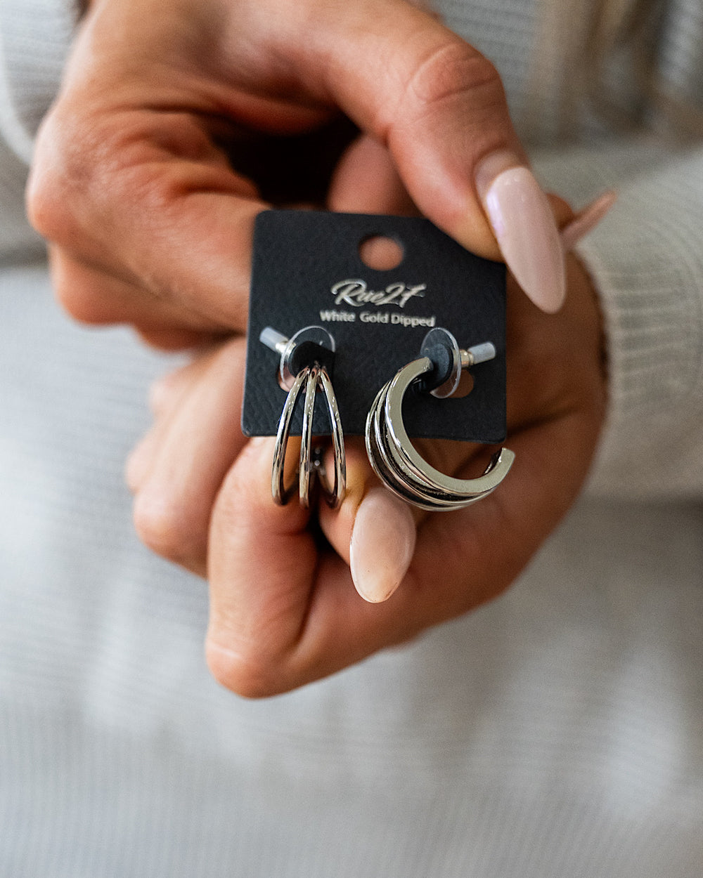 NEW! White Gold Three Line Layered Half Hoop Earrings Trendy Wholesale