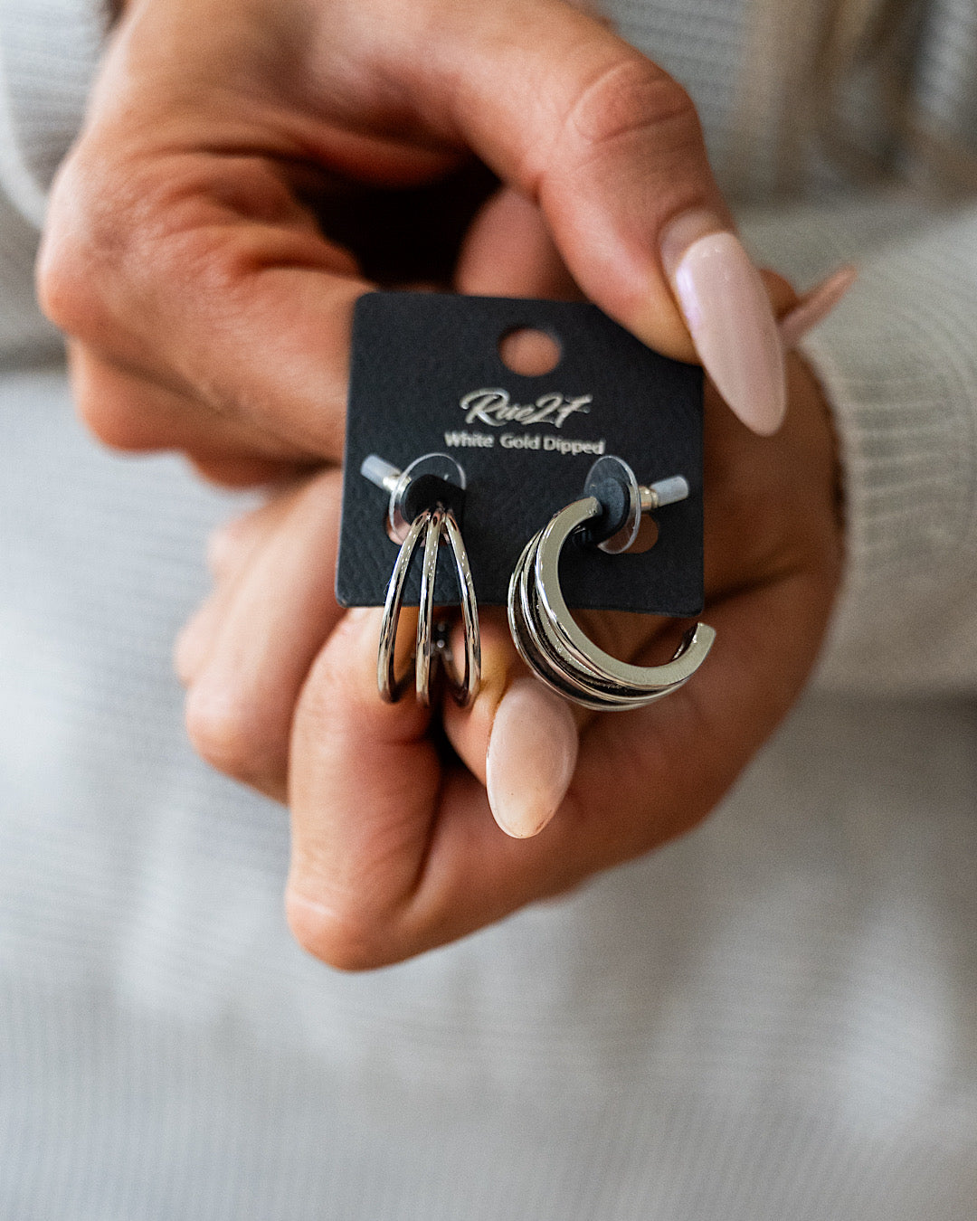 NEW! White Gold Three Line Layered Half Hoop Earrings Trendy Wholesale