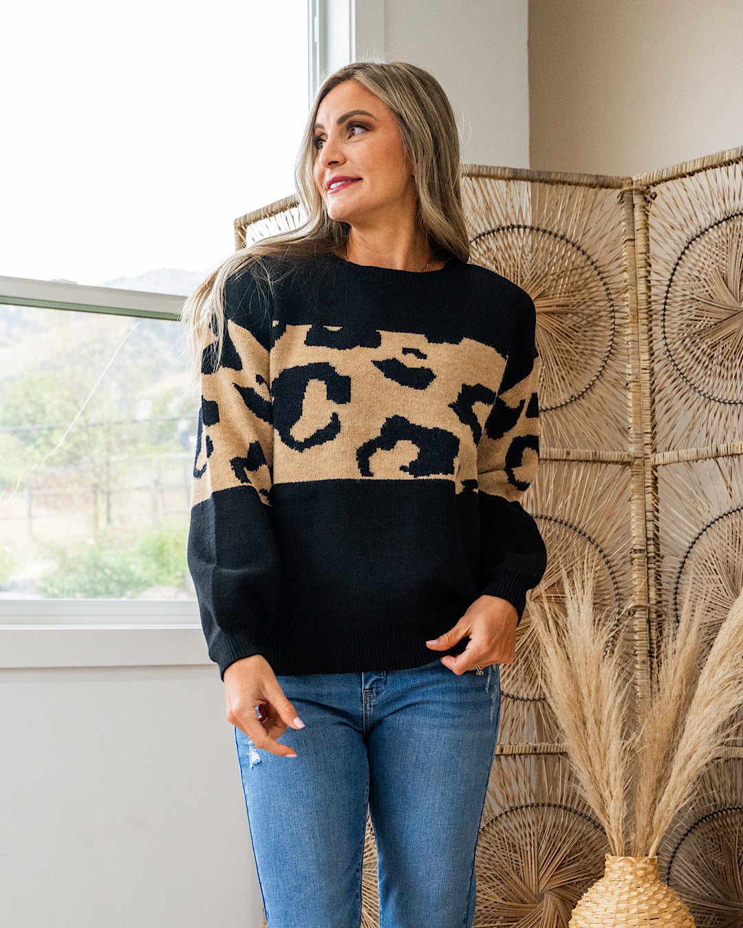 NEW! Greta Black with Mocha Leopard Color Block Sweater  Heimish   