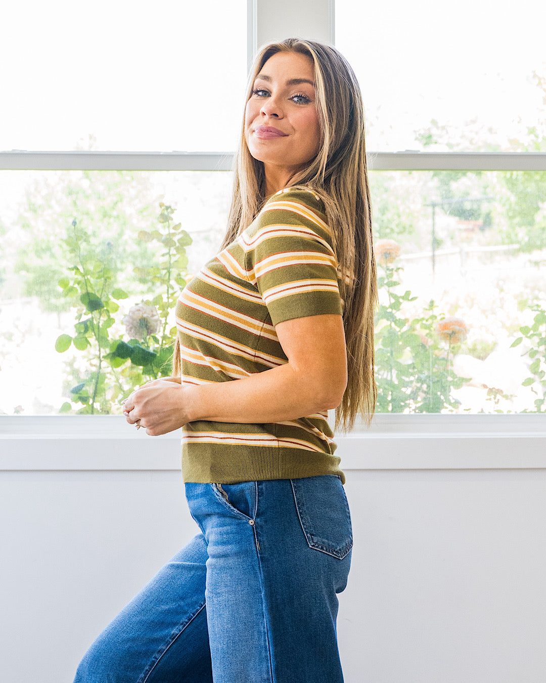 NEW! Iris Striped Short Sleeve Sweater - Olive Be Cool