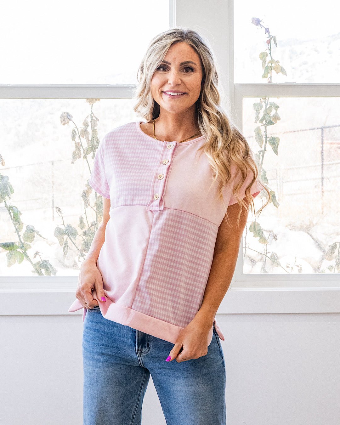 NEW! Kayla Gingham Color Block Henley Top - Pink Lovely Melody