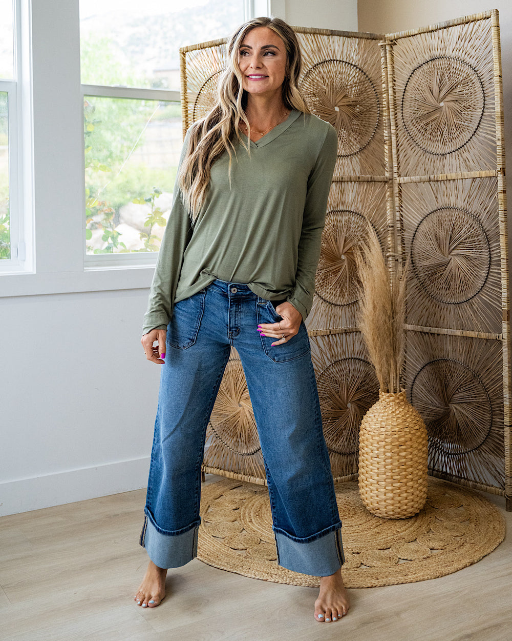 NEW! Bethany Cut Edge V Neck Top - Olive Sew In Love