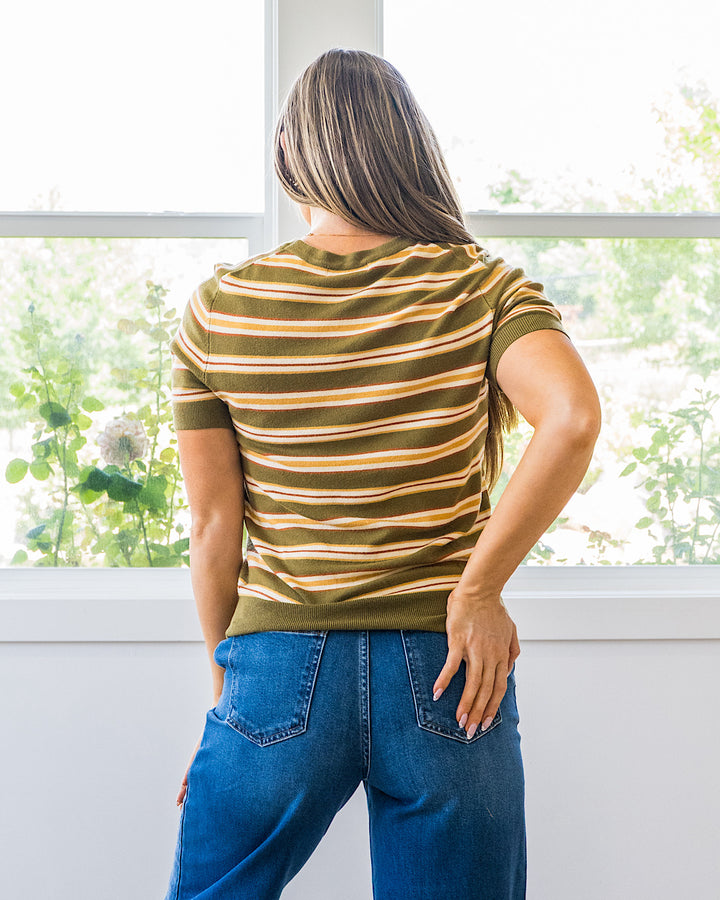 NEW! Iris Striped Short Sleeve Sweater - Olive Be Cool
