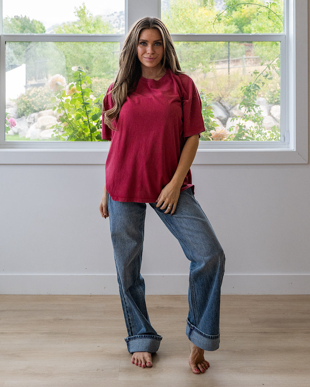 NEW! Oversized Mineral Wash Tee - Dark Red Double Zero