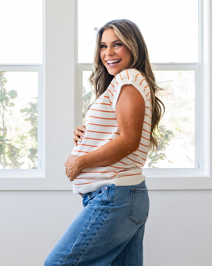 Allie Striped Short Sleeve Sweater - Ivory & Rust Staccato