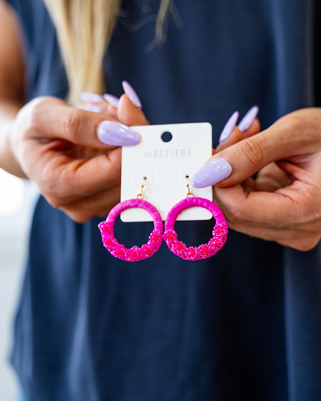 Wrapped Hoop Earrings with Beaded Flower Detail - Hot Pink  Crystals Trading Inc.   