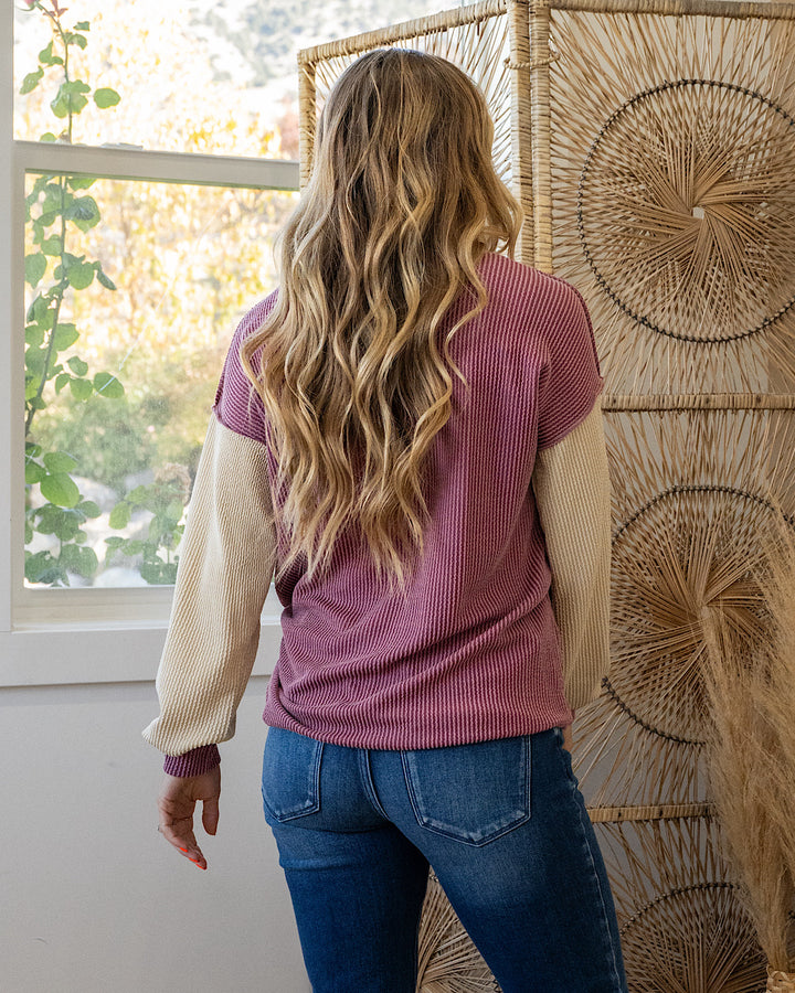 NEW! Andrea Corded Color Block Henley Top - Marsala 7th Ray