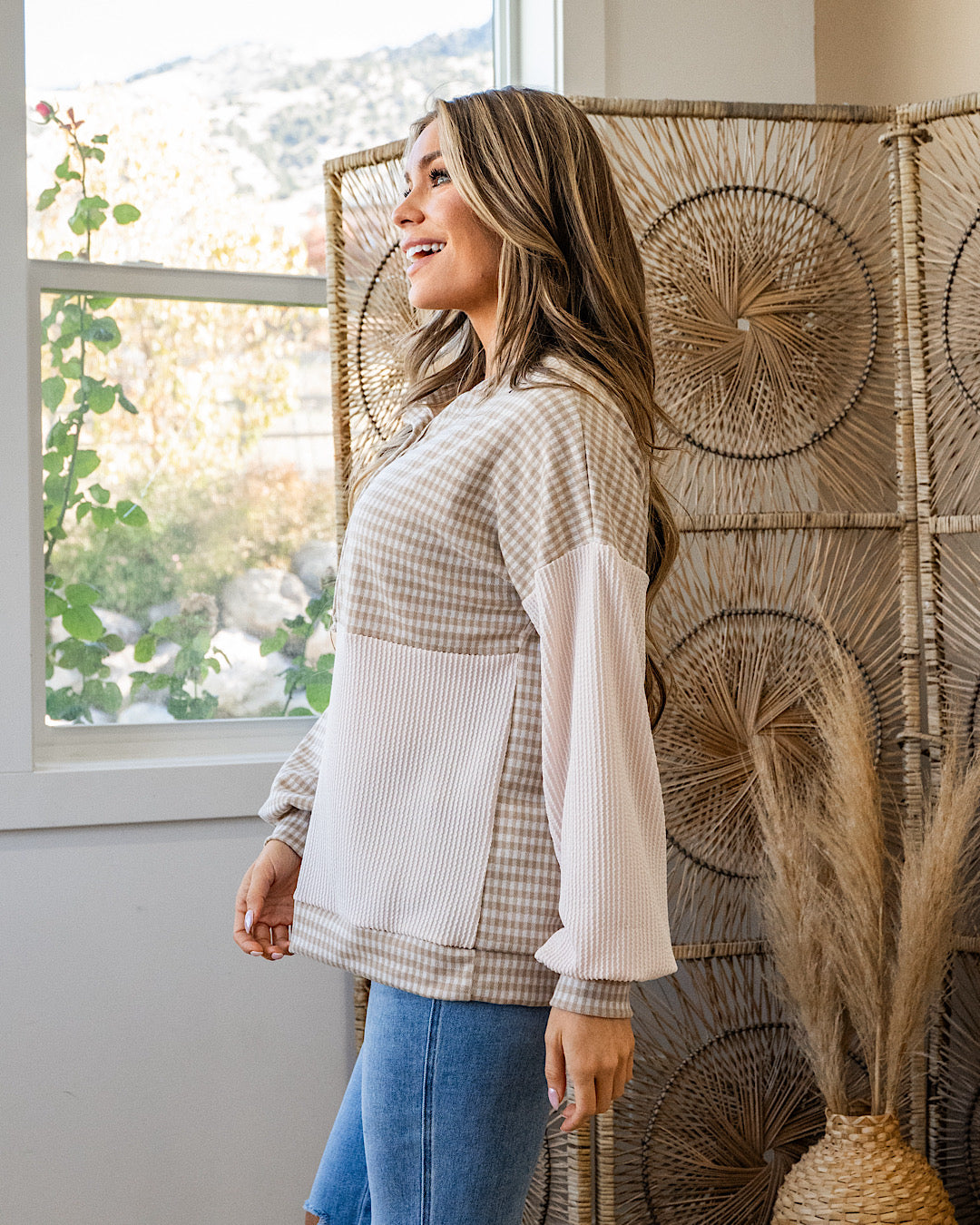 NEW! Cassie Mixed Fabric Henley Top - Taupe Lovely Melody