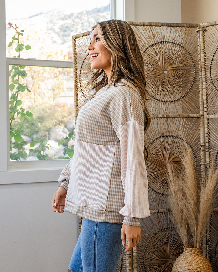 NEW! Cassie Mixed Fabric Henley Top - Taupe Lovely Melody