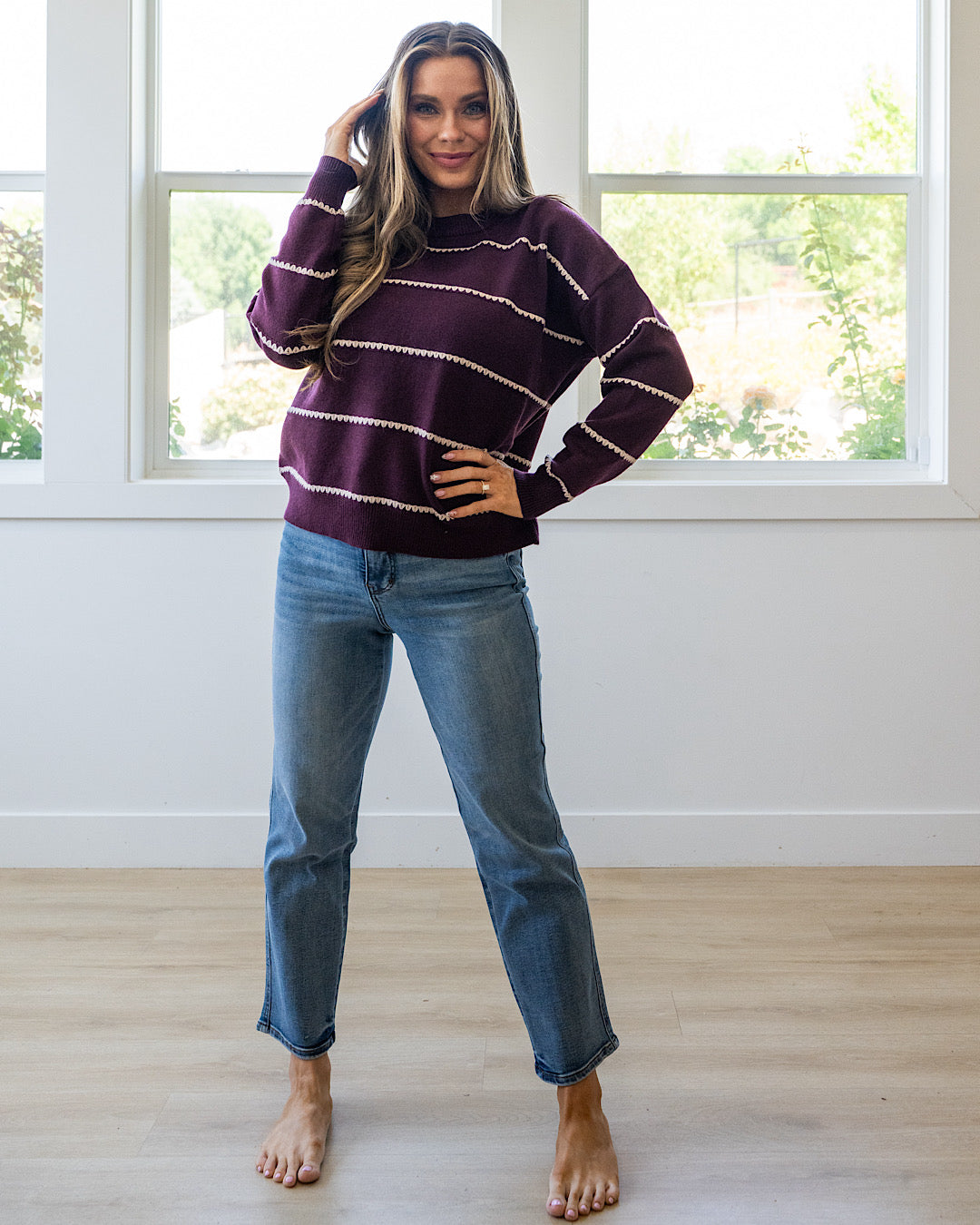 NEW! Jessie Textured Striped Sweater - Dark Plum Staccato