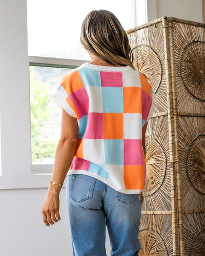 Shaylee Checkered Short Sleeve Sweater - Orange, Pink and Light Blue FINAL SALE  Bibi   