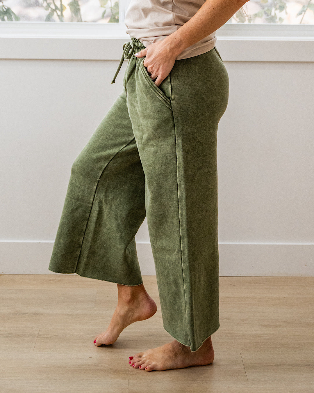 NEW! Cropped Wide Leg Comfy Pants - Light Olive Zenana