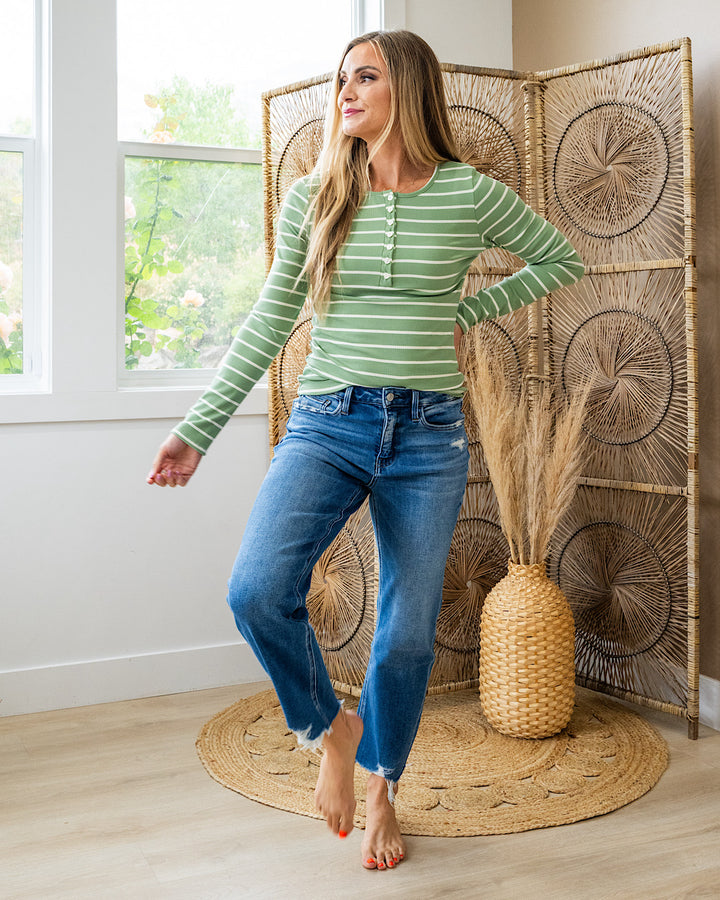 NEW! Celeste Striped Henley Top - Avocado