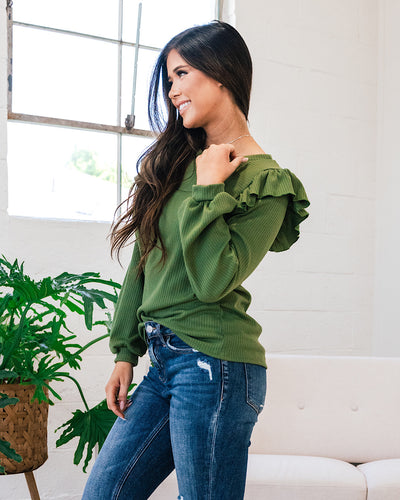 NEW! McKenna Ribbed Ruffle Shoulder Top - Olive  Lovely Melody   