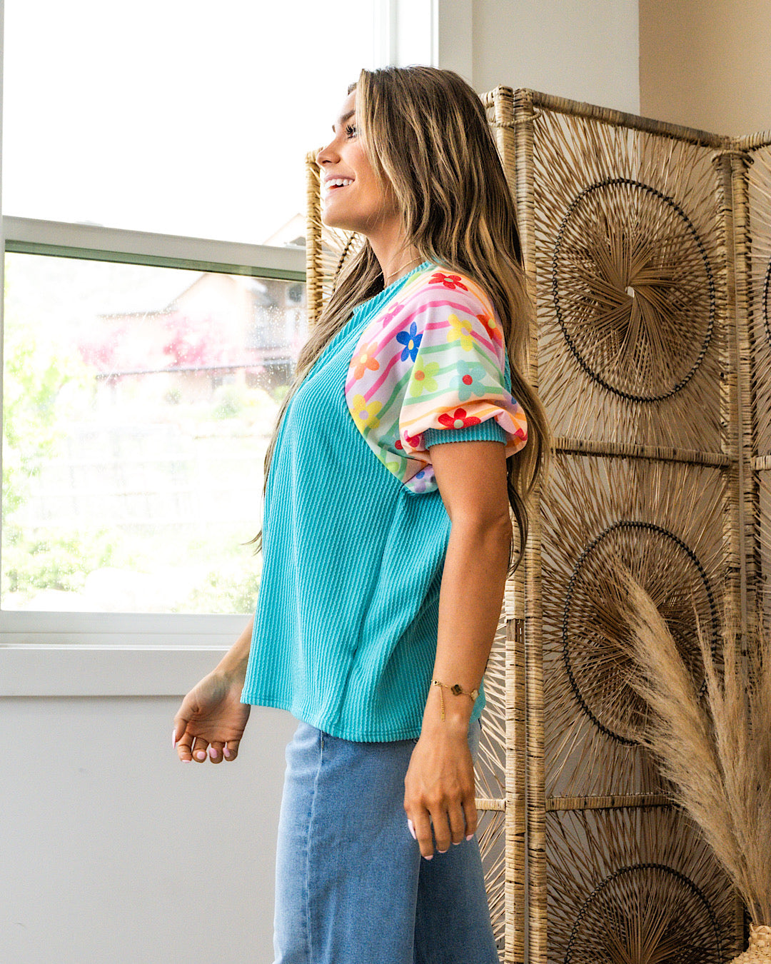 Caitlyn Turquoise Corded Top with Floral & Striped Sleeves  Lovely Melody   