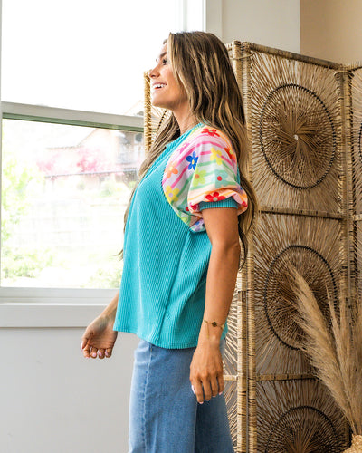 Caitlyn Turquoise Corded Top with Floral & Striped Sleeves FINAL SALE  Lovely Melody   