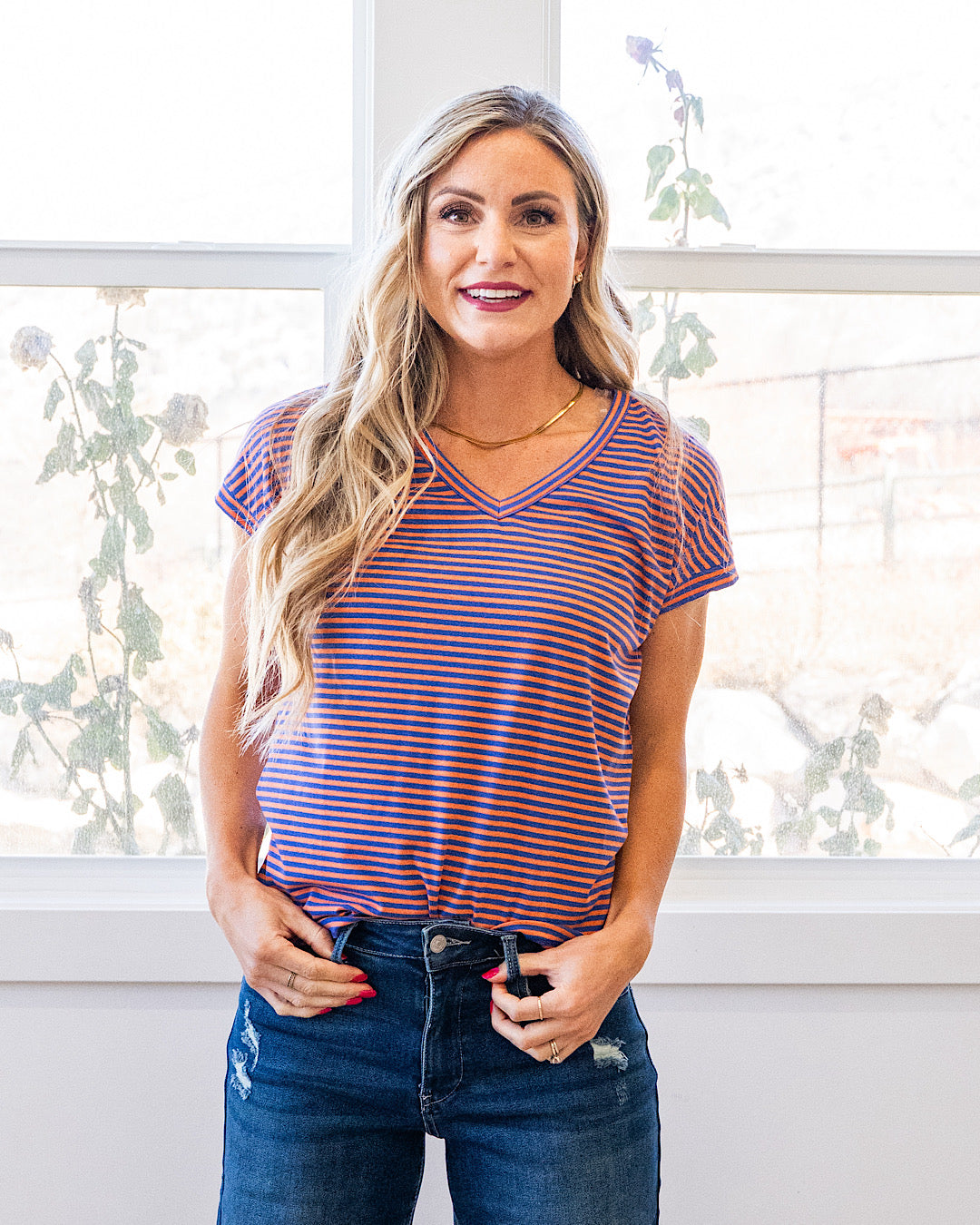 NEW! Nadia Striped V Neck Top - Orange & Royal Staccato