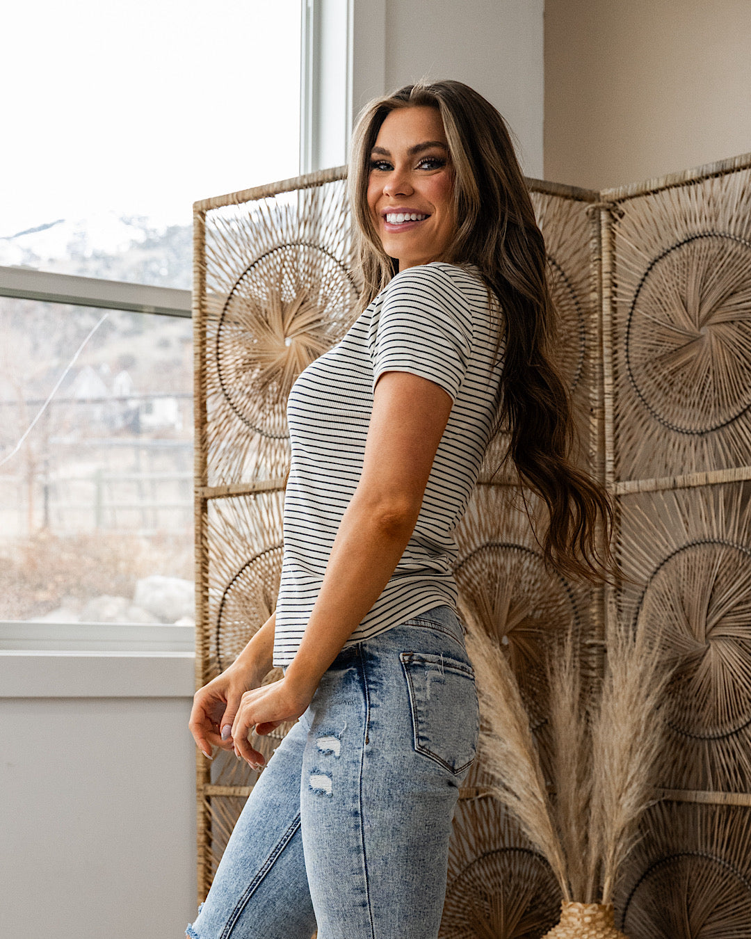 Shauna Striped Short Sleeve Top - Cream & Black Thread & Supply