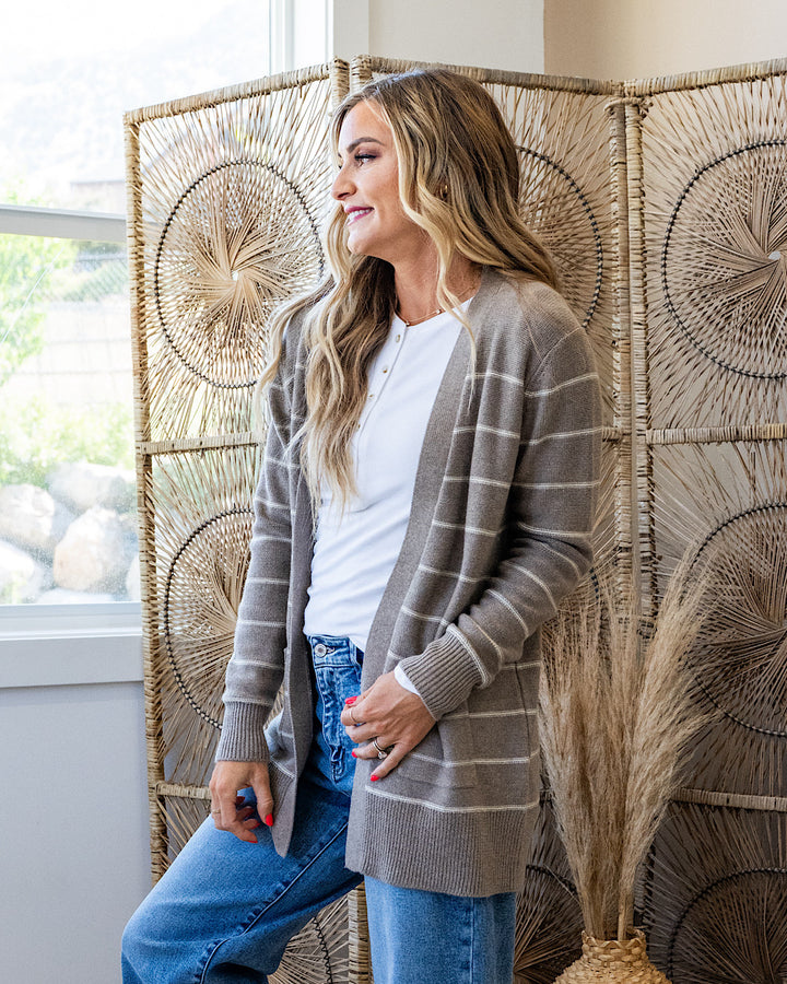 Debbie Striped Open Front Cardigan - Mocha Be Cool