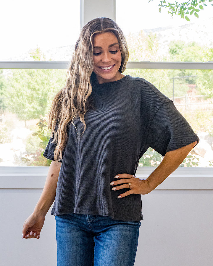 NEW! Paisley Corded Short Sleeve Top - Charcoal