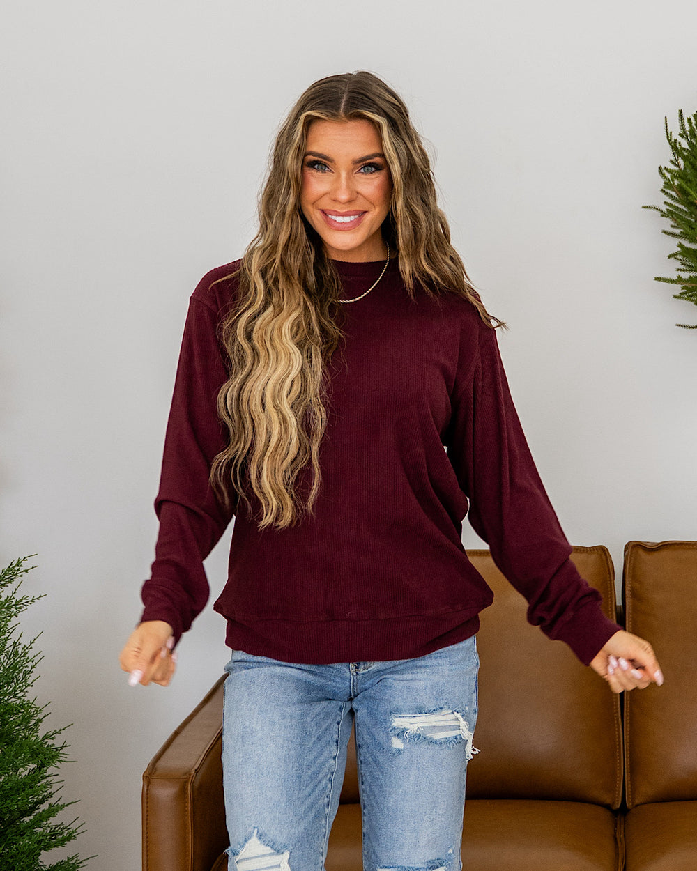 Mia Ribbed Crewneck Top - Burgundy Michelle Mae