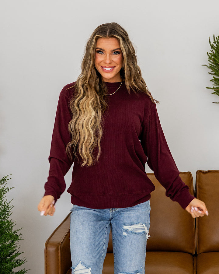 NEW! Mia Ribbed Crewneck Top - Burgundy